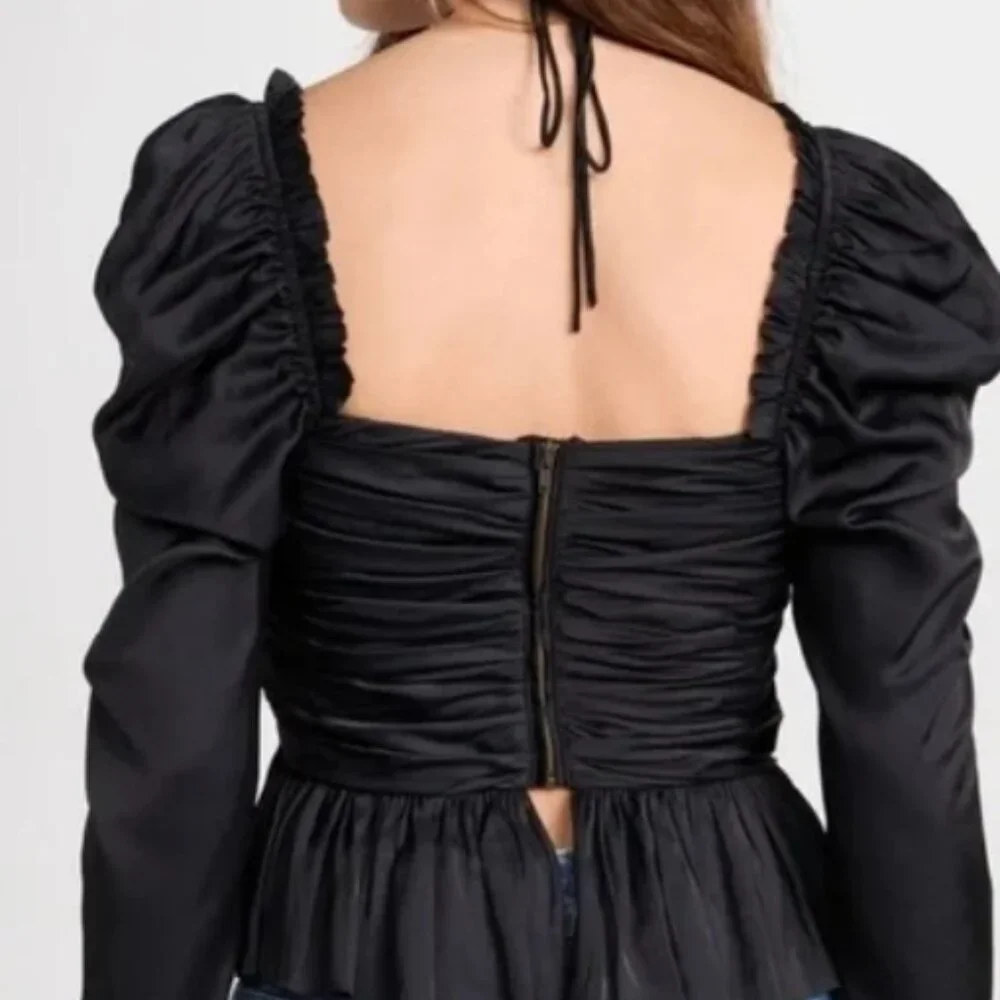 NWOT Ulla Johnson Mirelle Black Ruched Peplum Noir Blouse M $395